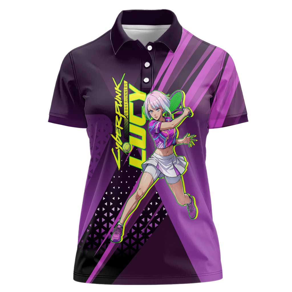 Personalized Lucy Tennis Design Women Polo Shirt with a Cyberpunk Edgerunners Theme Featuring Neon Purple and Dynamic Poses