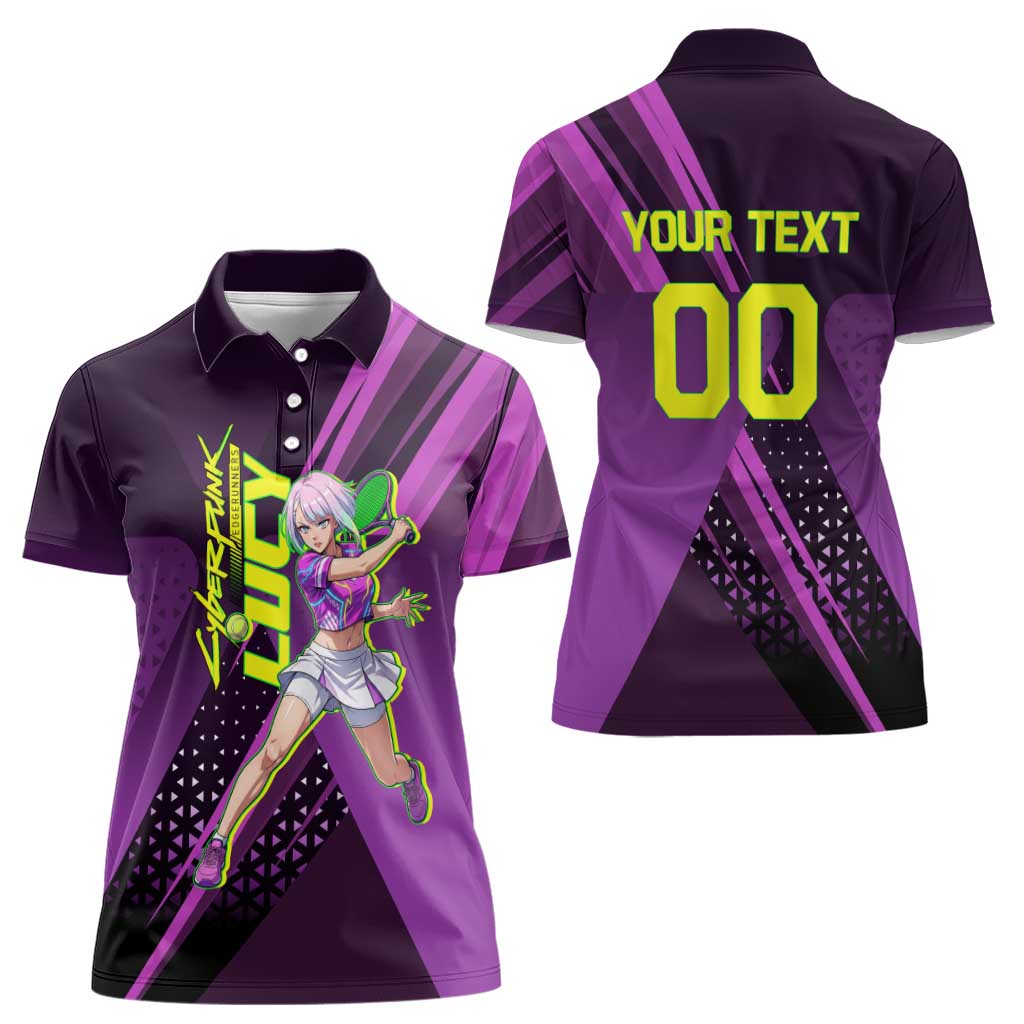 Personalized Lucy Tennis Design Women Polo Shirt with a Cyberpunk Edgerunners Theme Featuring Neon Purple and Dynamic Poses
