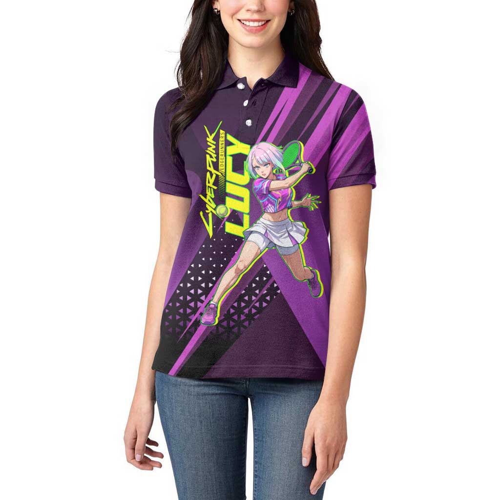 Personalized Lucy Tennis Design Women Polo Shirt with a Cyberpunk Edgerunners Theme Featuring Neon Purple and Dynamic Poses