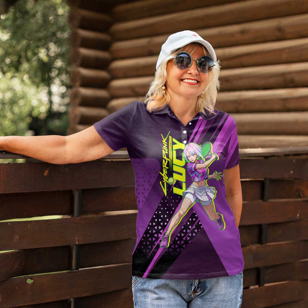 Personalized Lucy Tennis Design Women Polo Shirt with a Cyberpunk Edgerunners Theme Featuring Neon Purple and Dynamic Poses