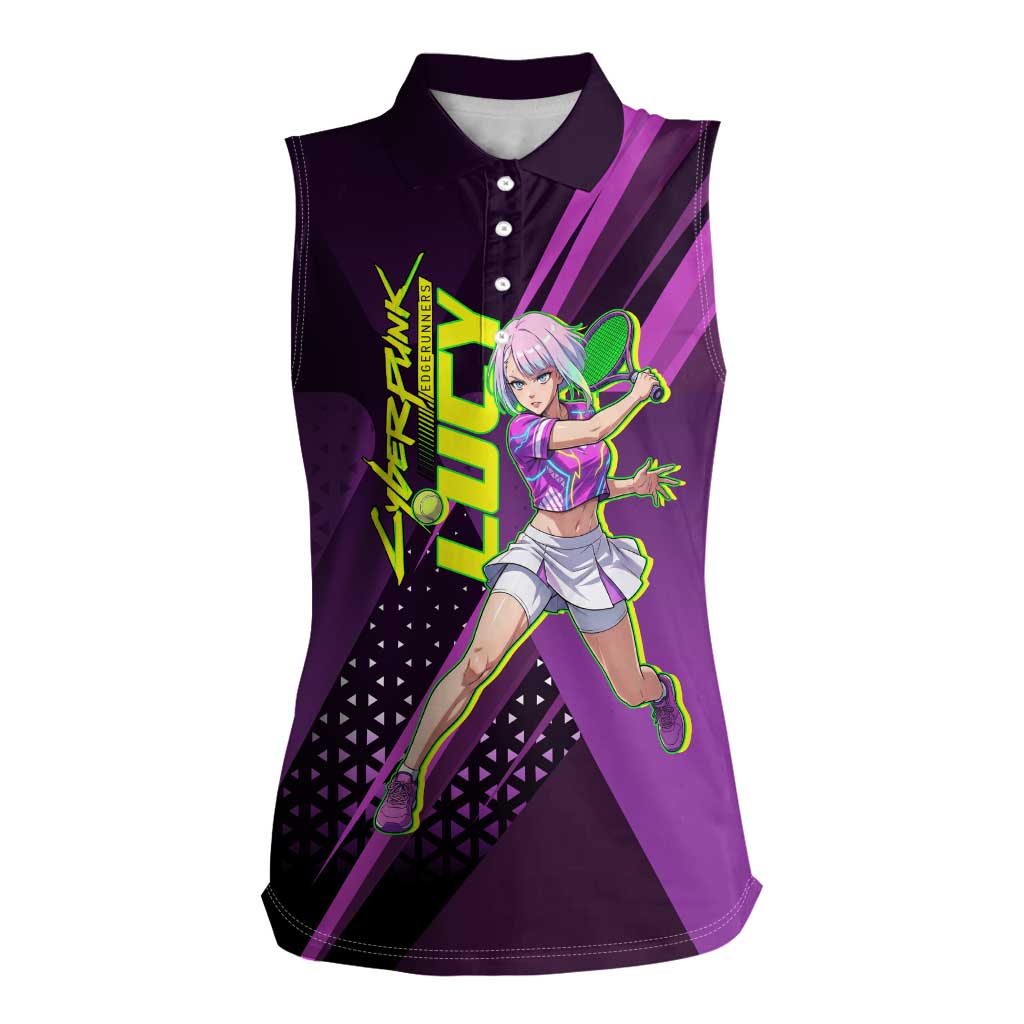 Personalized Lucy Tennis Design Women Sleeveless Polo Shirt with a Cyberpunk Edgerunners Theme Featuring Neon Purple and Dynamic Poses