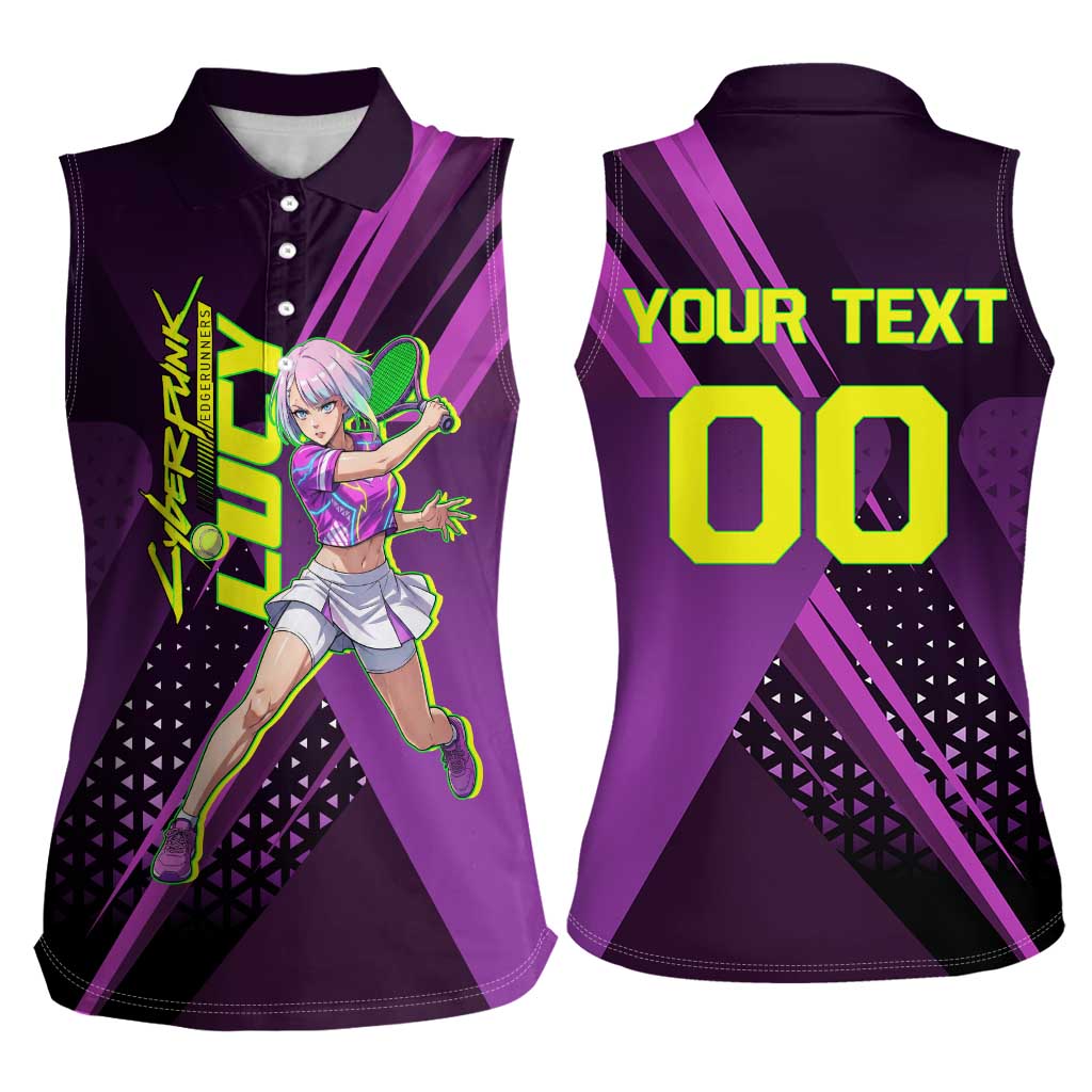 Personalized Lucy Tennis Design Women Sleeveless Polo Shirt with a Cyberpunk Edgerunners Theme Featuring Neon Purple and Dynamic Poses