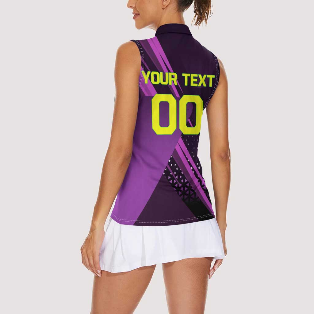 Personalized Lucy Tennis Design Women Sleeveless Polo Shirt with a Cyberpunk Edgerunners Theme Featuring Neon Purple and Dynamic Poses