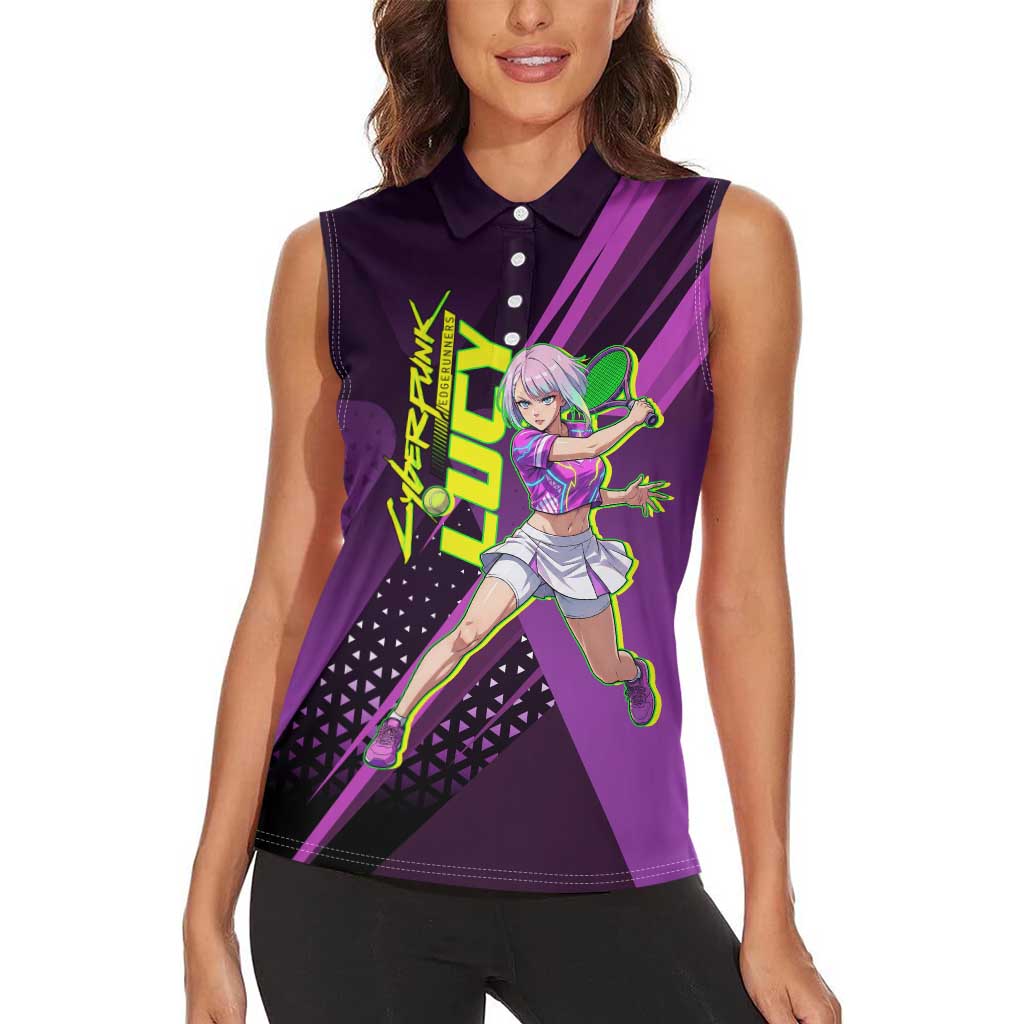 Personalized Lucy Tennis Design Women Sleeveless Polo Shirt with a Cyberpunk Edgerunners Theme Featuring Neon Purple and Dynamic Poses