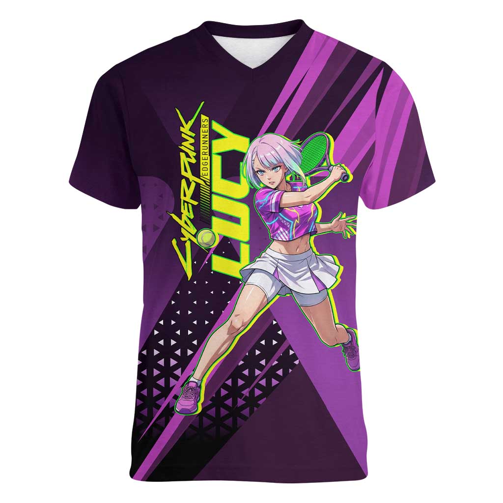 Personalized Lucy Tennis Design Women V-Neck T-Shirt with a Cyberpunk Edgerunners Theme Featuring Neon Purple and Dynamic Poses