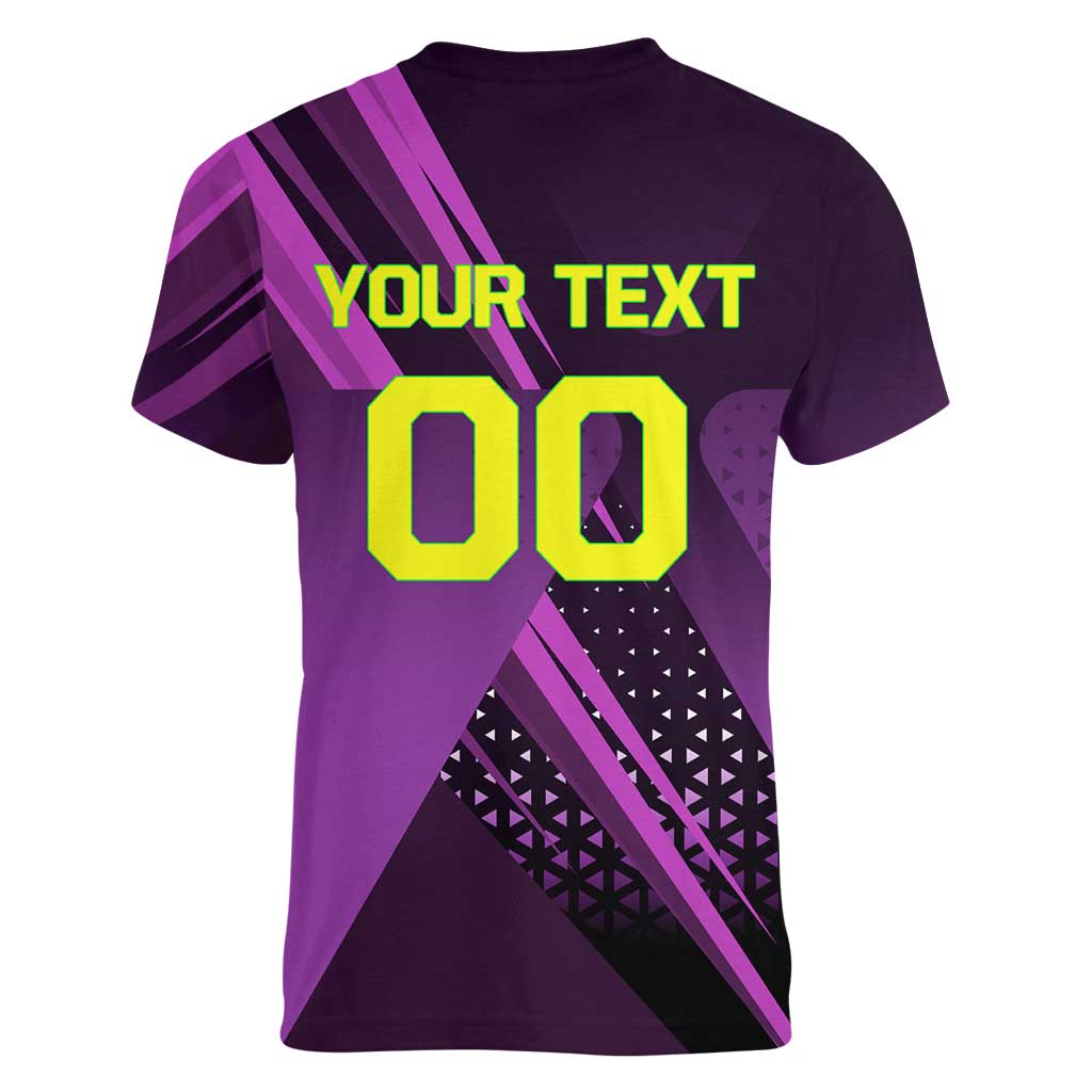 Personalized Lucy Tennis Design Women V-Neck T-Shirt with a Cyberpunk Edgerunners Theme Featuring Neon Purple and Dynamic Poses