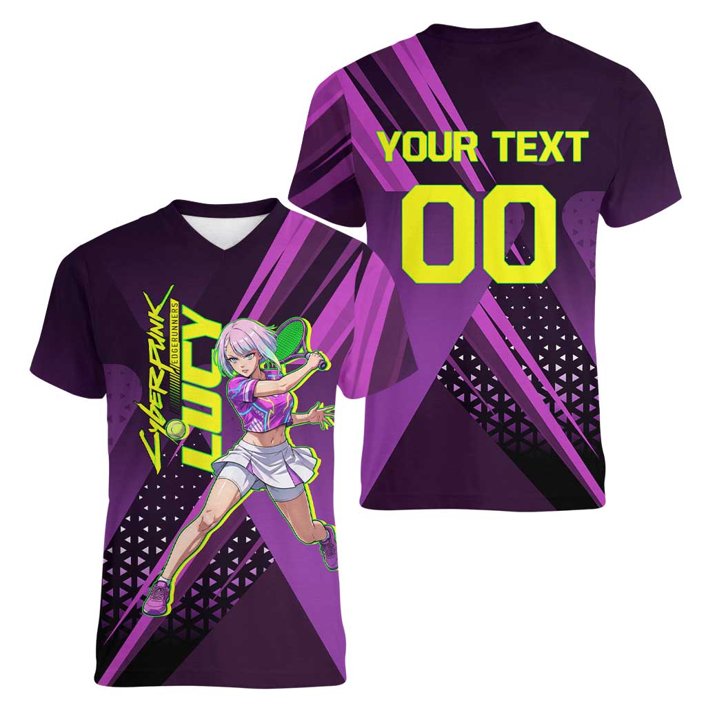 Personalized Lucy Tennis Design Women V-Neck T-Shirt with a Cyberpunk Edgerunners Theme Featuring Neon Purple and Dynamic Poses