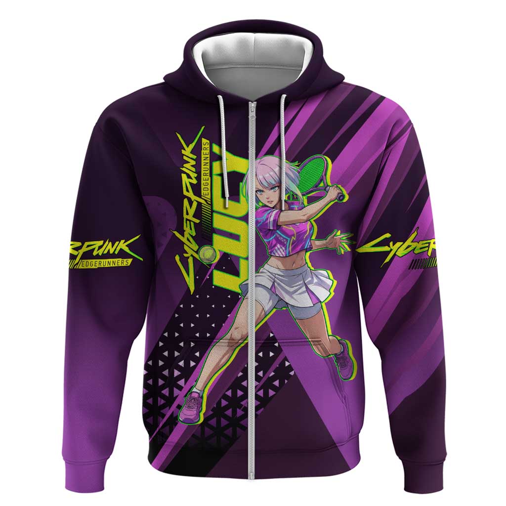 Personalized Lucy Tennis Design Zip Hoodie with a Cyberpunk Edgerunners Theme Featuring Neon Purple and Dynamic Poses