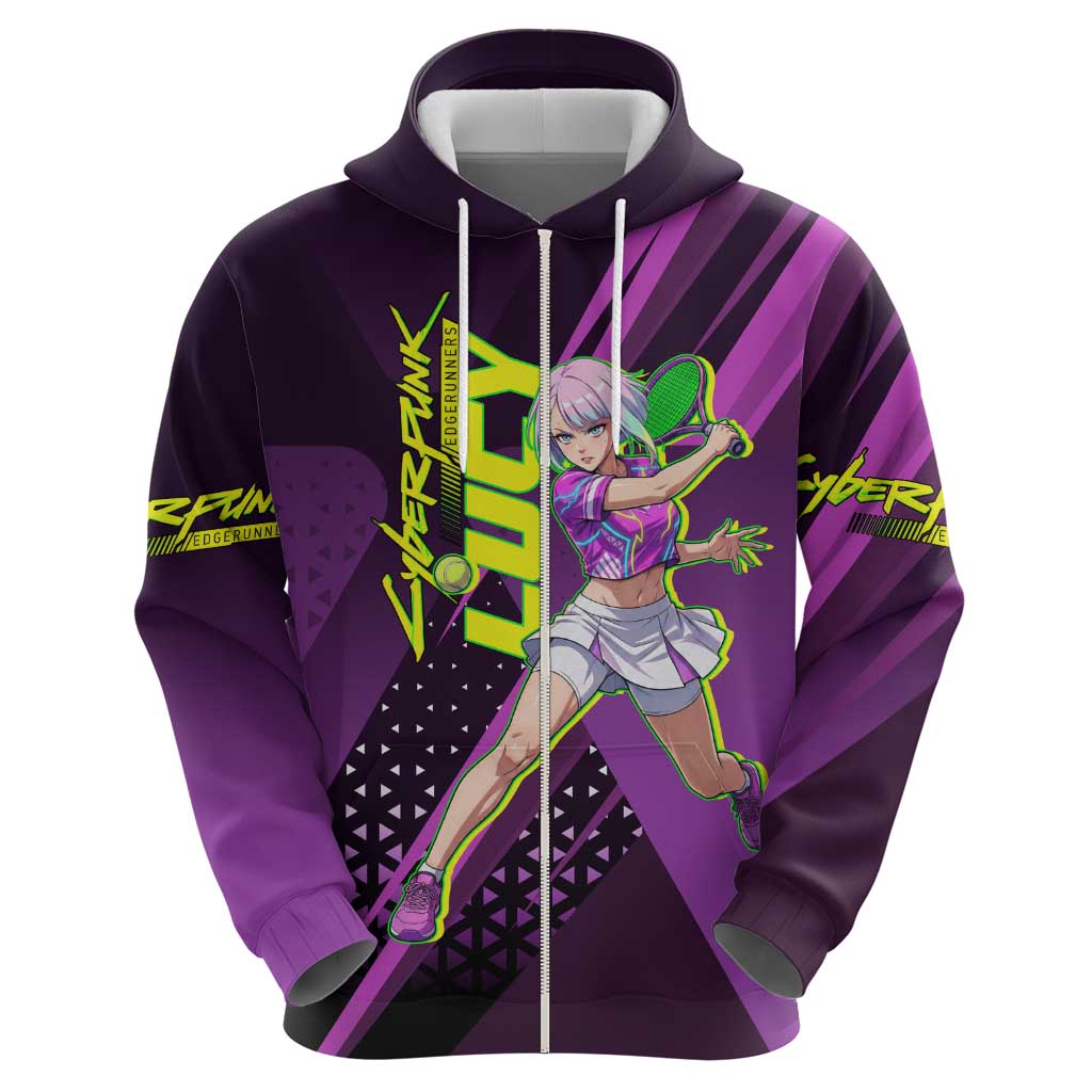 Personalized Lucy Tennis Design Zip Hoodie with a Cyberpunk Edgerunners Theme Featuring Neon Purple and Dynamic Poses