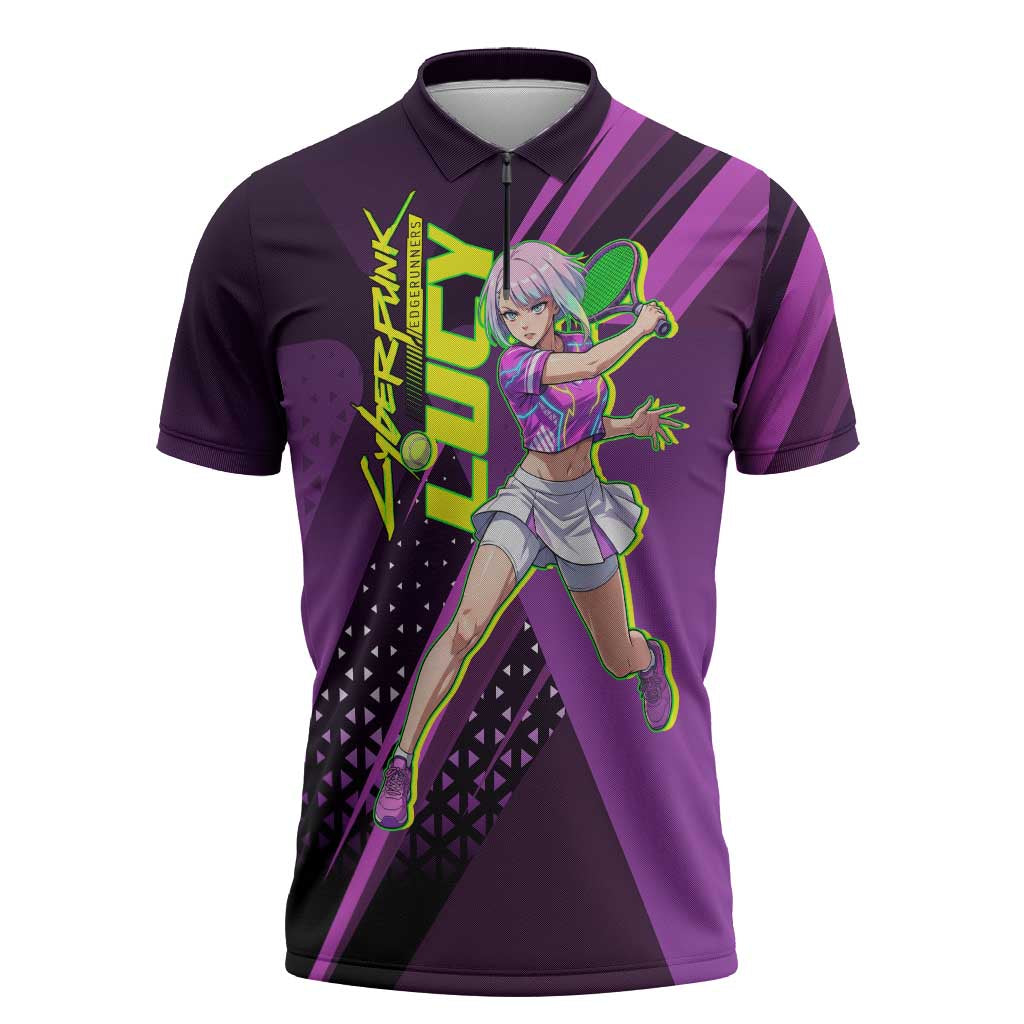 Personalized Lucy Tennis Design Zipper Polo Shirt with a Cyberpunk Edgerunners Theme Featuring Neon Purple and Dynamic Poses