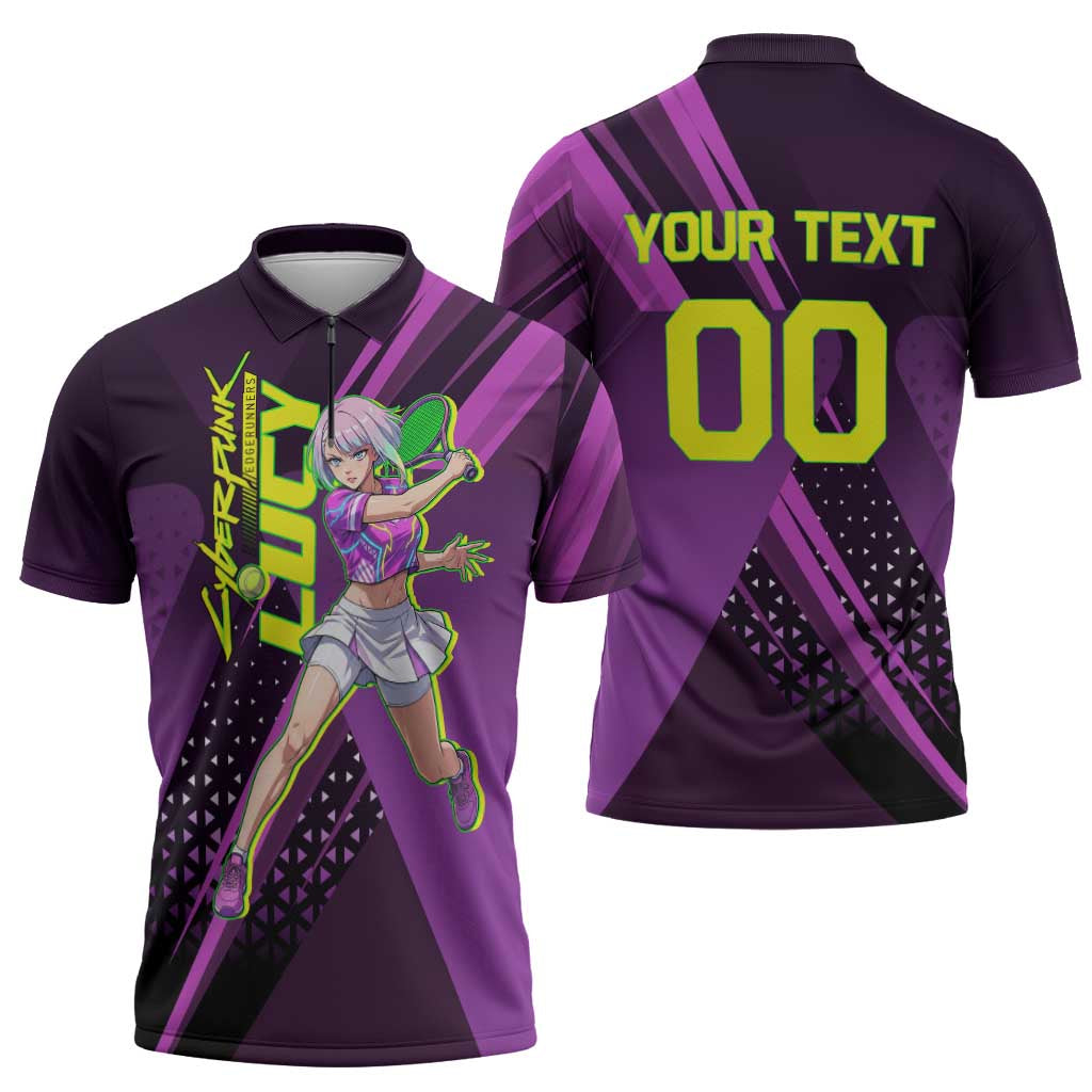 Personalized Lucy Tennis Design Zipper Polo Shirt with a Cyberpunk Edgerunners Theme Featuring Neon Purple and Dynamic Poses