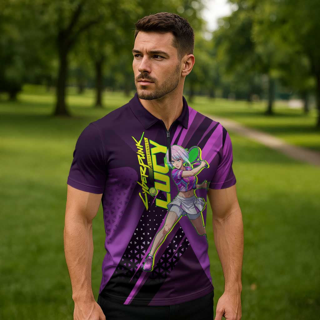 Personalized Lucy Tennis Design Zipper Polo Shirt with a Cyberpunk Edgerunners Theme Featuring Neon Purple and Dynamic Poses
