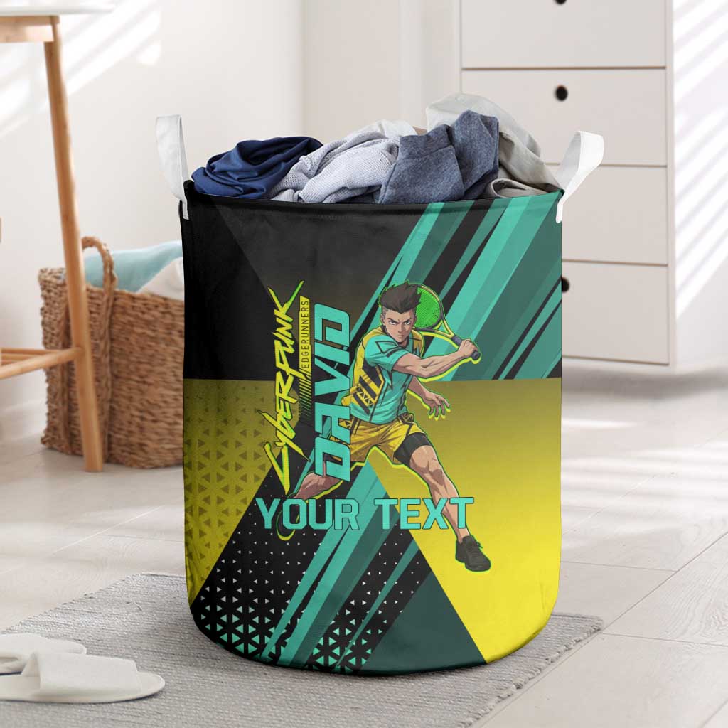 Personalized David Tennis Design Laundry Basket with a Cyberpunk Theme, Edgerunners Features Neon Green and Yellow Styling and a Powerful Pose