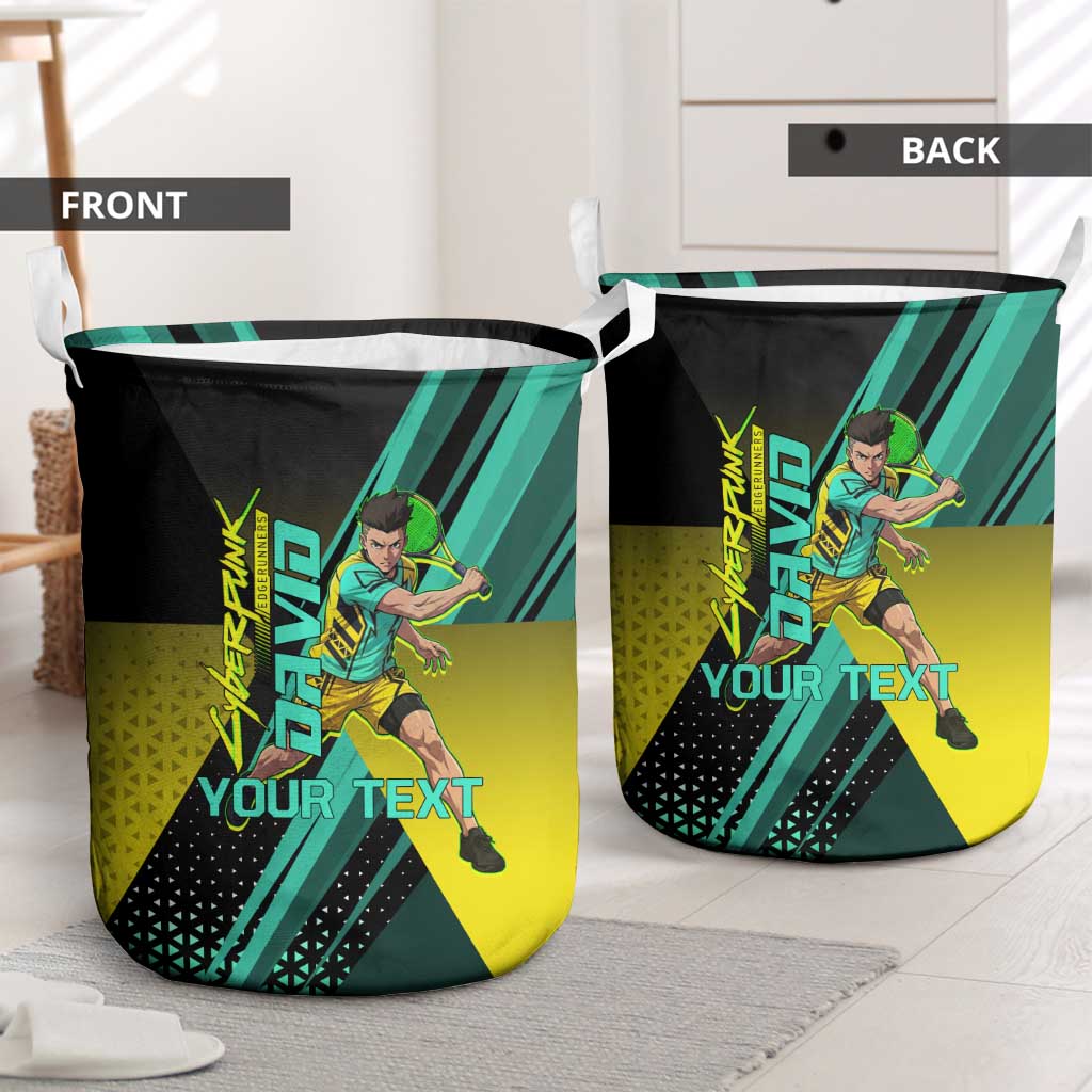 Personalized David Tennis Design Laundry Basket with a Cyberpunk Theme, Edgerunners Features Neon Green and Yellow Styling and a Powerful Pose