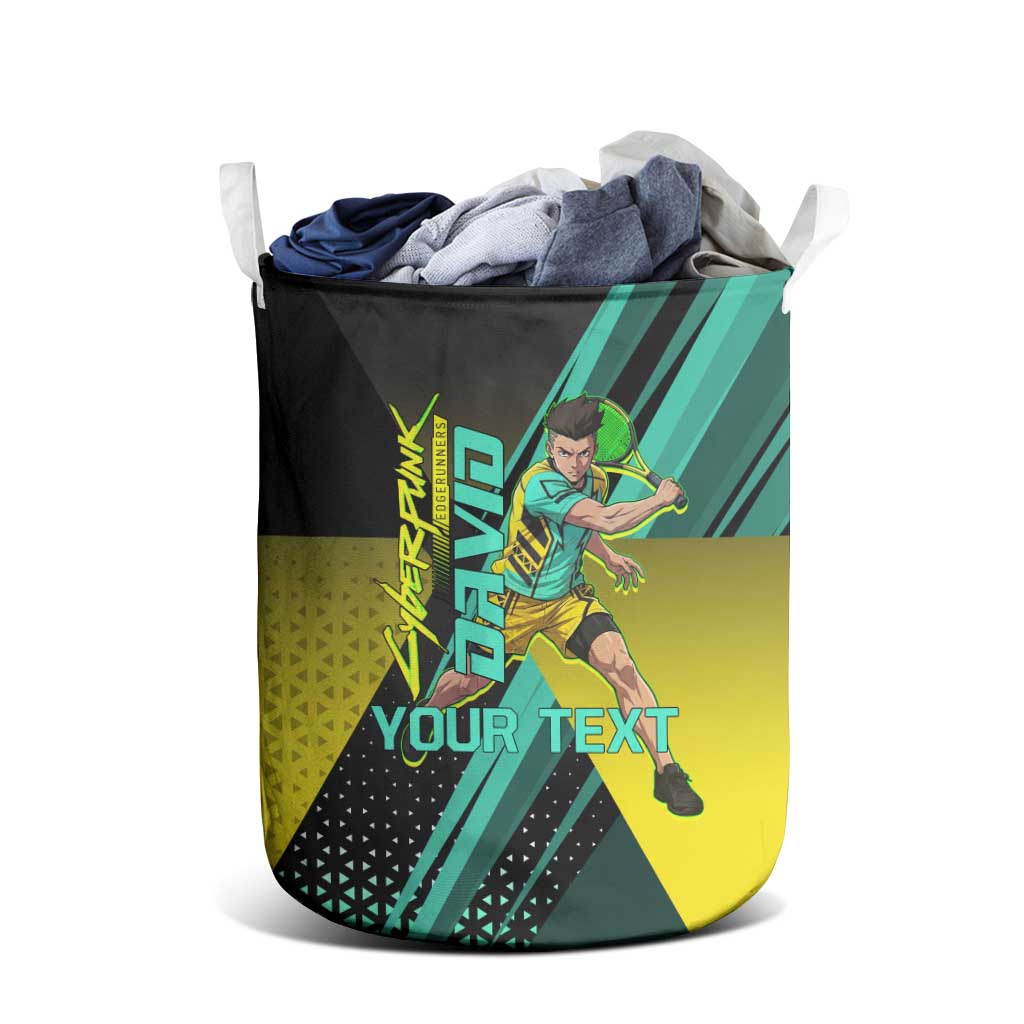 Personalized David Tennis Design Laundry Basket with a Cyberpunk Theme, Edgerunners Features Neon Green and Yellow Styling and a Powerful Pose