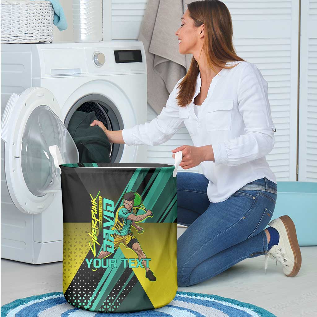 Personalized David Tennis Design Laundry Basket with a Cyberpunk Theme, Edgerunners Features Neon Green and Yellow Styling and a Powerful Pose