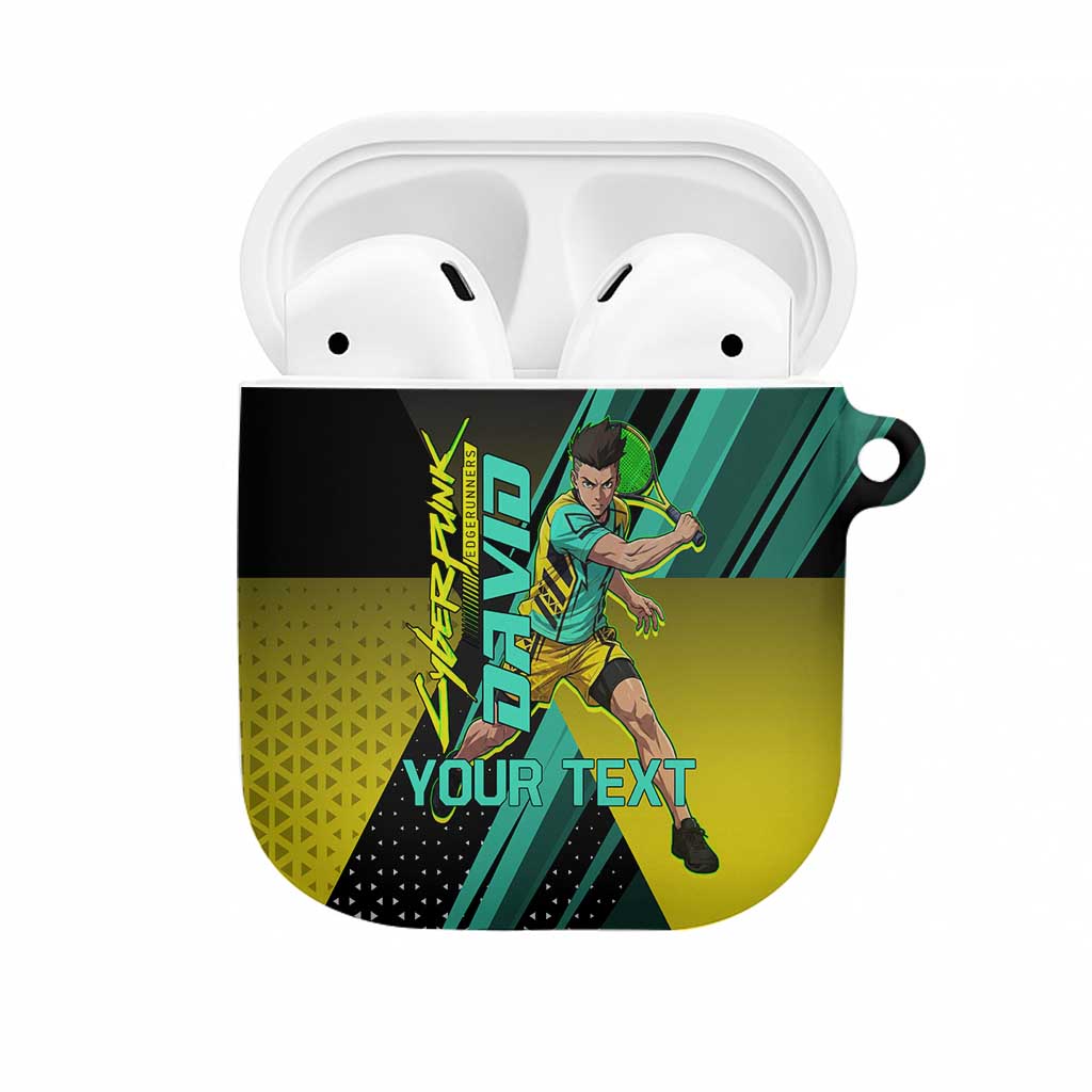 Personalized David Tennis Design AirPods Case with a Cyberpunk Theme, Edgerunners Features Neon Green and Yellow Styling and a Powerful Pose
