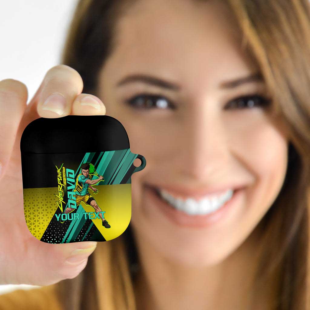 Personalized David Tennis Design AirPods Case with a Cyberpunk Theme, Edgerunners Features Neon Green and Yellow Styling and a Powerful Pose