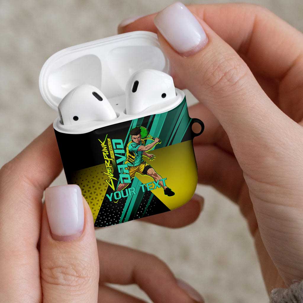 Personalized David Tennis Design AirPods Case with a Cyberpunk Theme, Edgerunners Features Neon Green and Yellow Styling and a Powerful Pose