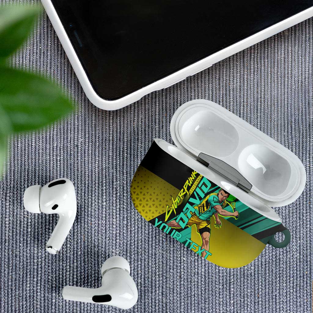 Personalized David Tennis Design AirPods Case with a Cyberpunk Theme, Edgerunners Features Neon Green and Yellow Styling and a Powerful Pose