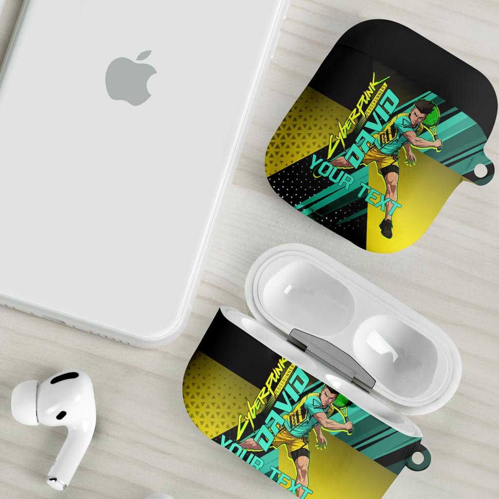 Personalized David Tennis Design AirPods Case with a Cyberpunk Theme, Edgerunners Features Neon Green and Yellow Styling and a Powerful Pose