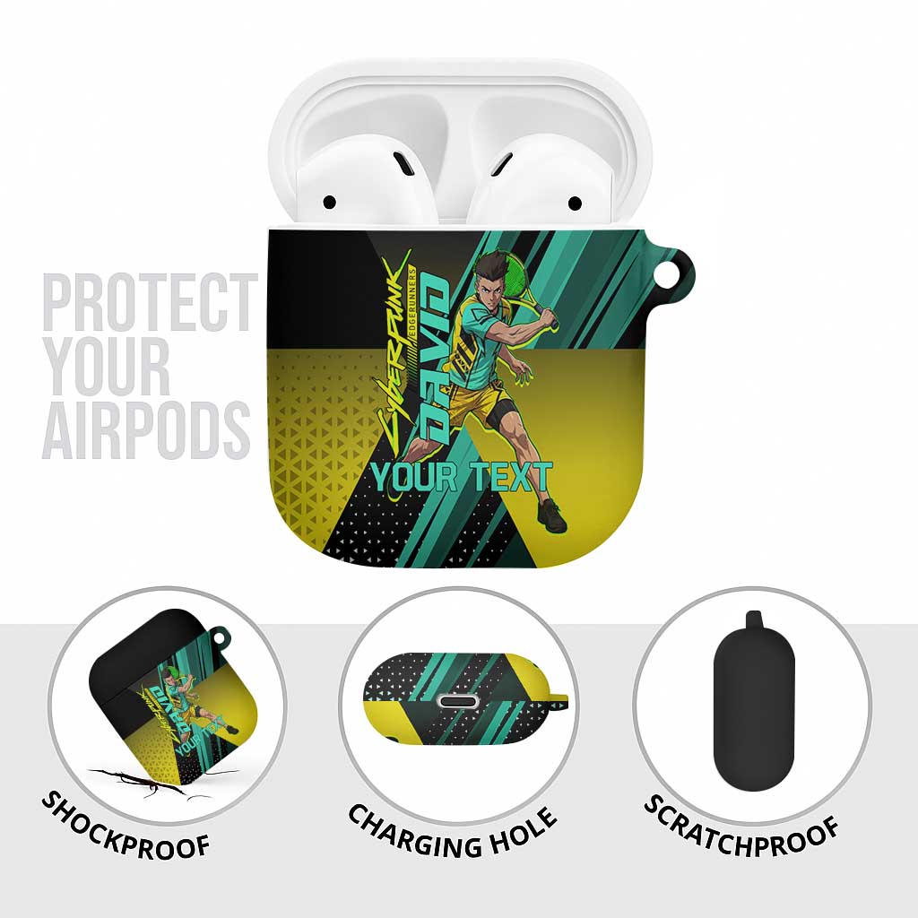 Personalized David Tennis Design AirPods Case with a Cyberpunk Theme, Edgerunners Features Neon Green and Yellow Styling and a Powerful Pose