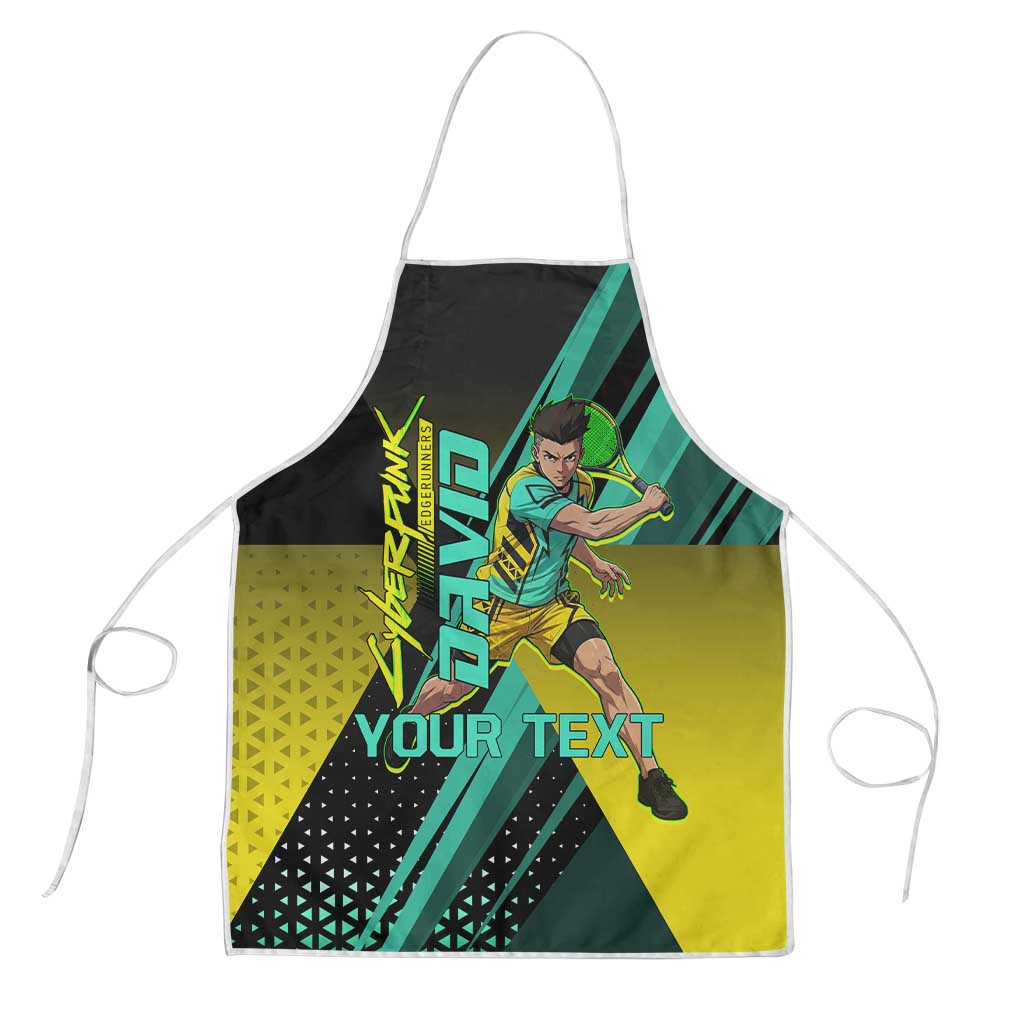 Personalized David Tennis Design Apron with a Cyberpunk Theme, Edgerunners Features Neon Green and Yellow Styling and a Powerful Pose