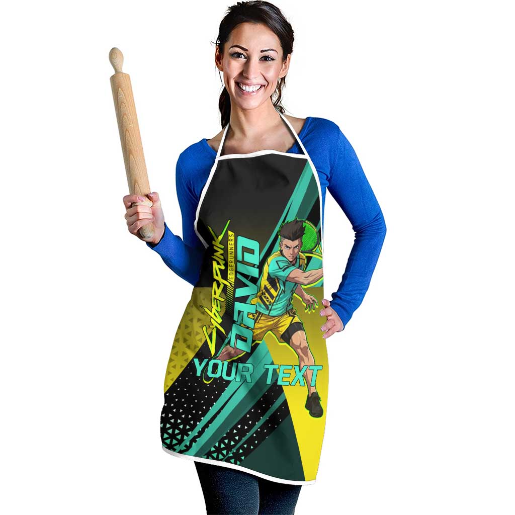 Personalized David Tennis Design Apron with a Cyberpunk Theme, Edgerunners Features Neon Green and Yellow Styling and a Powerful Pose