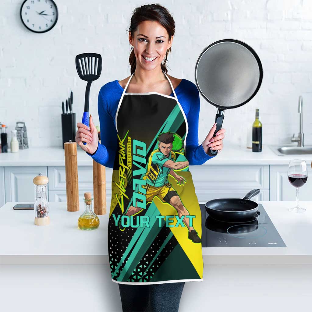 Personalized David Tennis Design Apron with a Cyberpunk Theme, Edgerunners Features Neon Green and Yellow Styling and a Powerful Pose