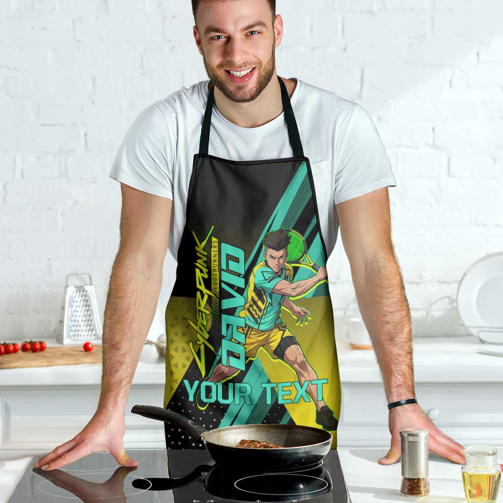 Personalized David Tennis Design Apron with a Cyberpunk Theme, Edgerunners Features Neon Green and Yellow Styling and a Powerful Pose