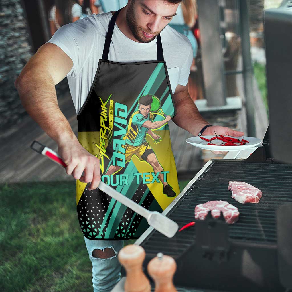 Personalized David Tennis Design Apron with a Cyberpunk Theme, Edgerunners Features Neon Green and Yellow Styling and a Powerful Pose