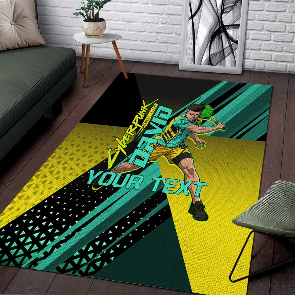 Personalized David Tennis Design Area Rug with a Cyberpunk Theme, Edgerunners Features Neon Green and Yellow Styling and a Powerful Pose