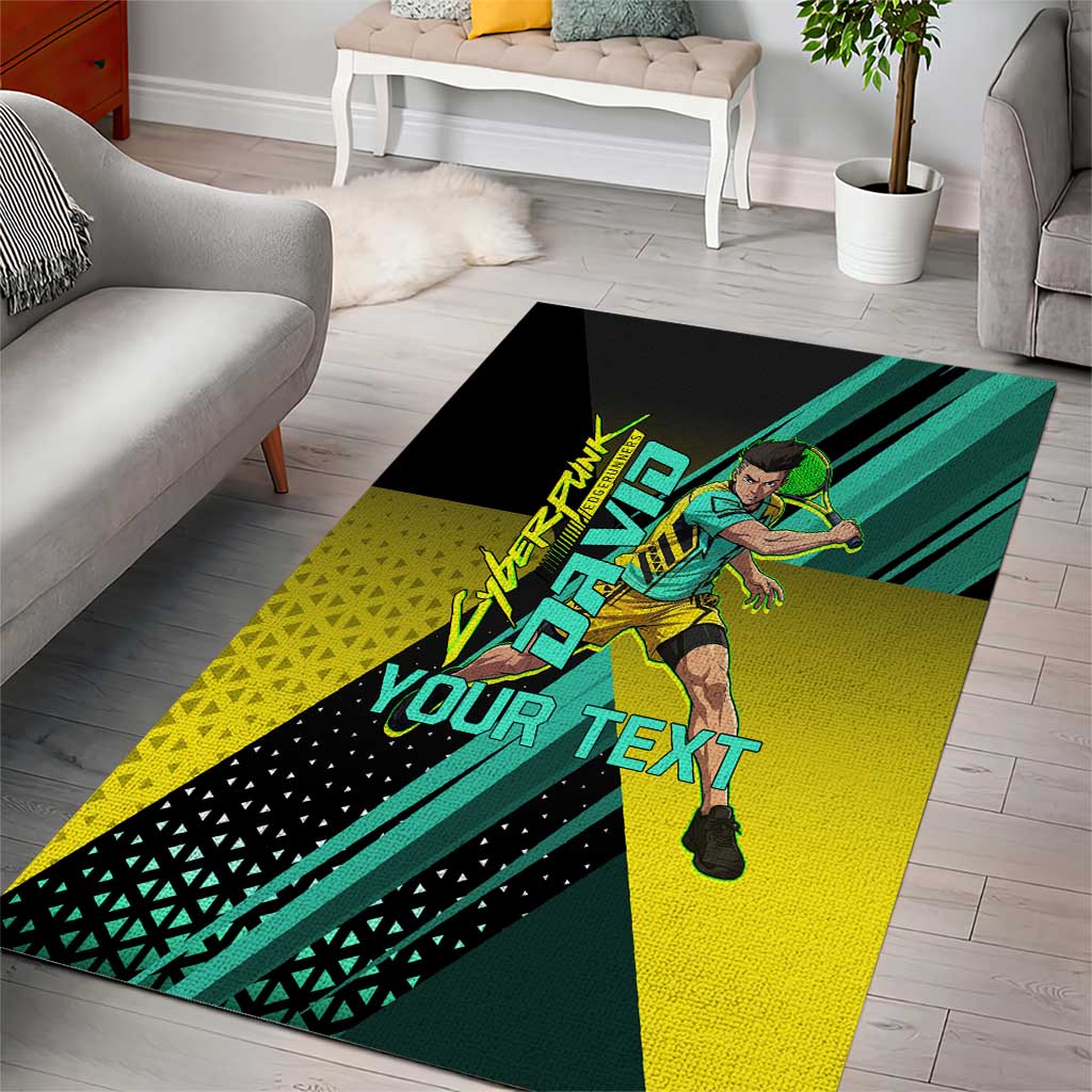 Personalized David Tennis Design Area Rug with a Cyberpunk Theme, Edgerunners Features Neon Green and Yellow Styling and a Powerful Pose
