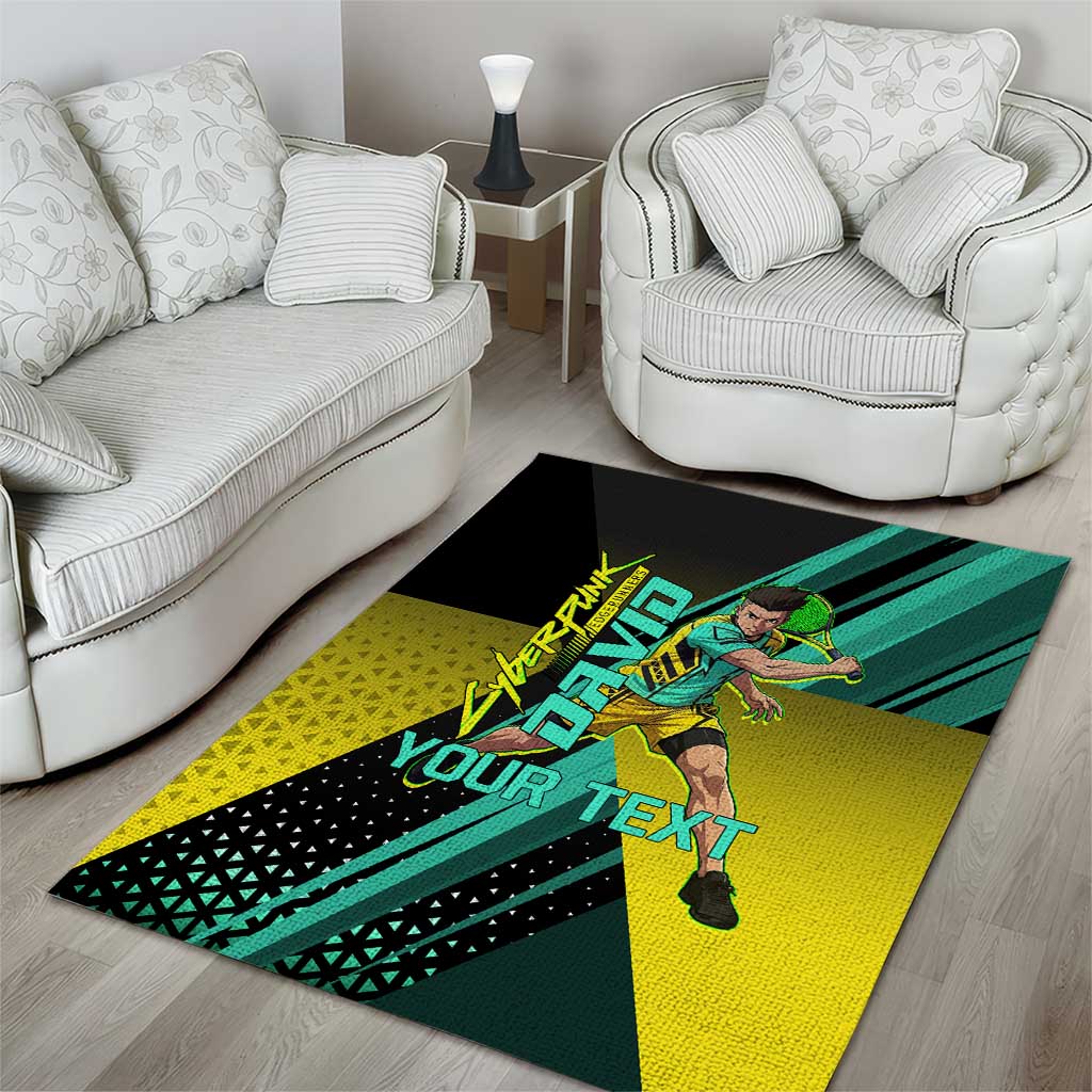 Personalized David Tennis Design Area Rug with a Cyberpunk Theme, Edgerunners Features Neon Green and Yellow Styling and a Powerful Pose