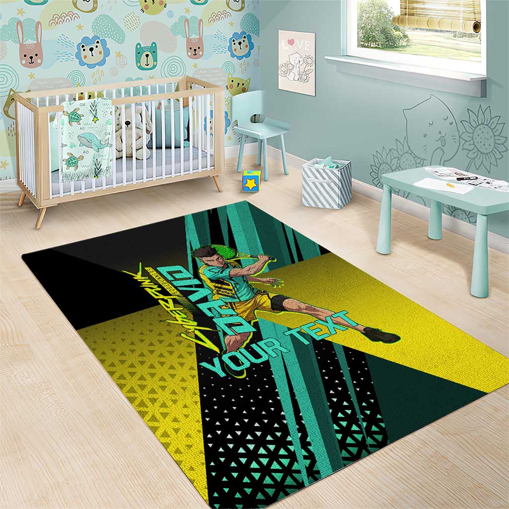 Personalized David Tennis Design Area Rug with a Cyberpunk Theme, Edgerunners Features Neon Green and Yellow Styling and a Powerful Pose
