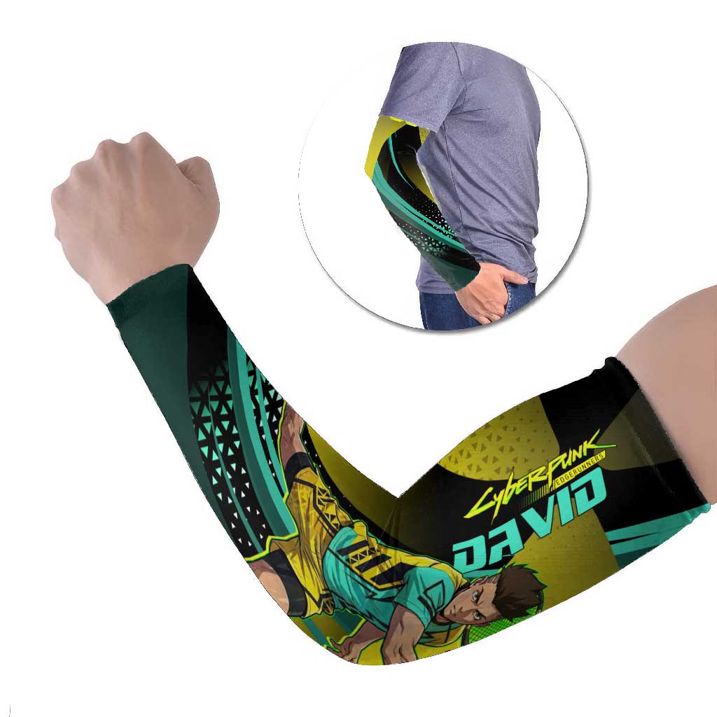 Personalized David Tennis Design Arm Sleeves with a Cyberpunk Theme, Edgerunners Features Neon Green and Yellow Styling and a Powerful Pose