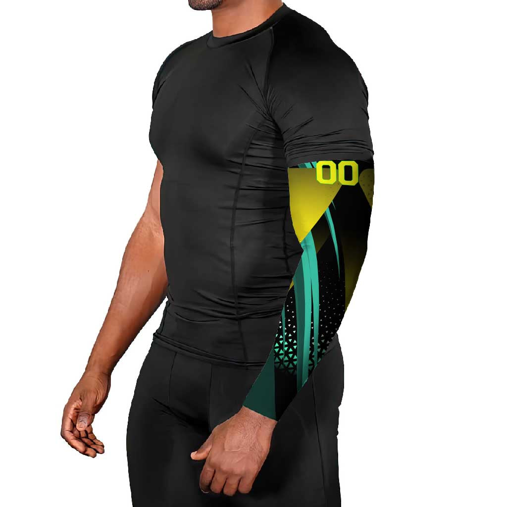 Personalized David Tennis Design Arm Sleeves with a Cyberpunk Theme, Edgerunners Features Neon Green and Yellow Styling and a Powerful Pose