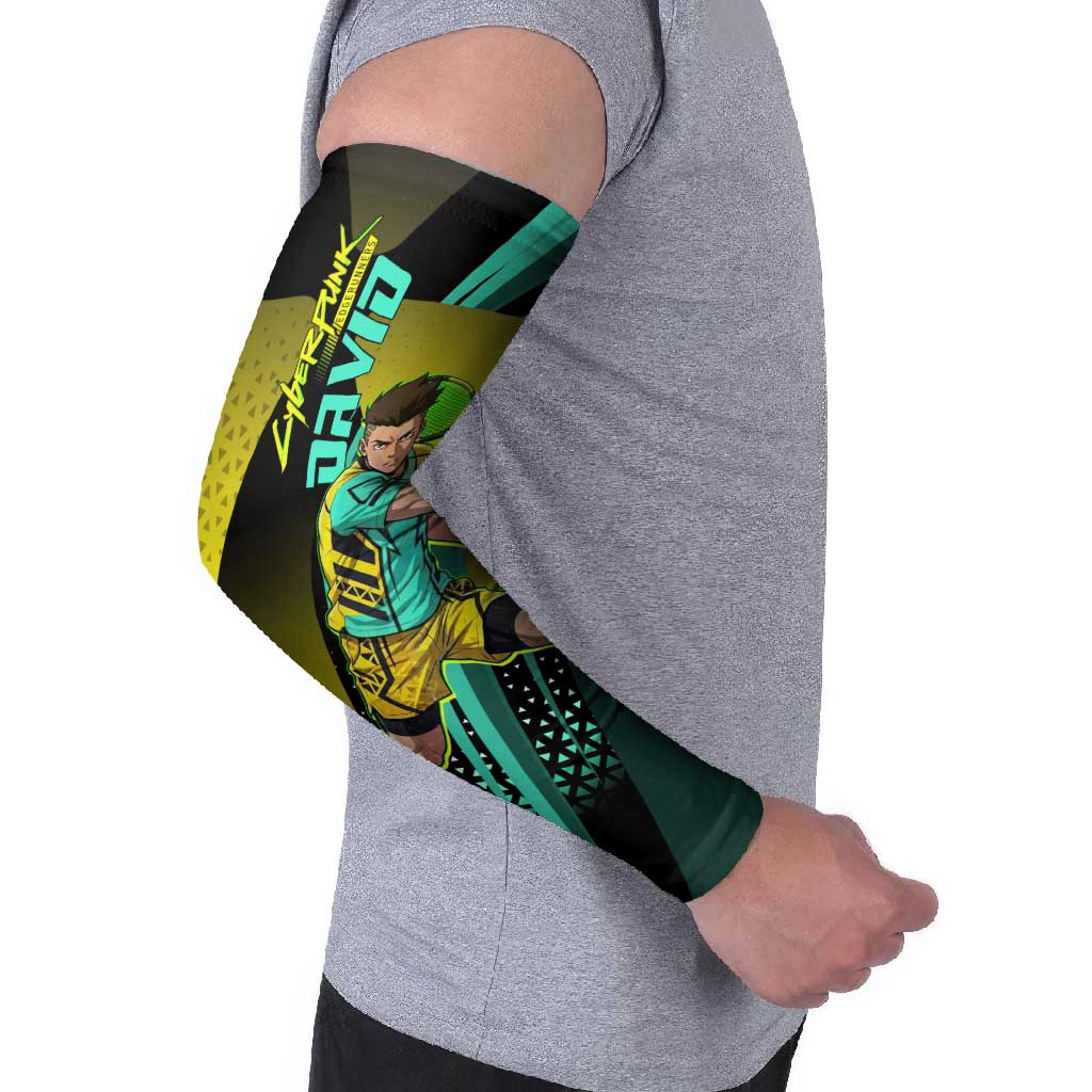 Personalized David Tennis Design Arm Sleeves with a Cyberpunk Theme, Edgerunners Features Neon Green and Yellow Styling and a Powerful Pose