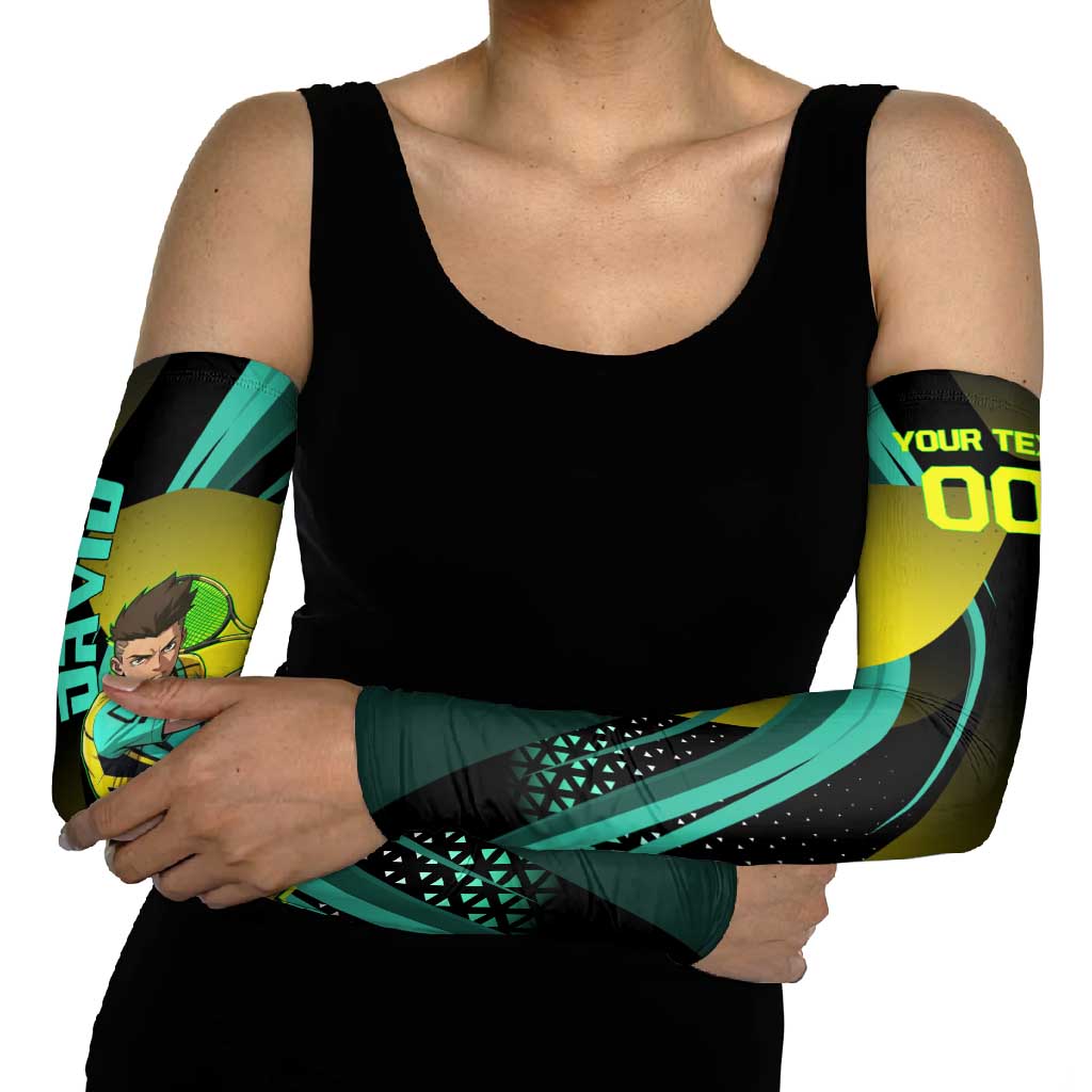 Personalized David Tennis Design Arm Sleeves with a Cyberpunk Theme, Edgerunners Features Neon Green and Yellow Styling and a Powerful Pose