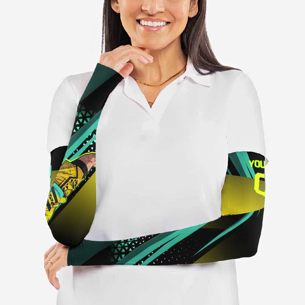 Personalized David Tennis Design Arm Sleeves with a Cyberpunk Theme, Edgerunners Features Neon Green and Yellow Styling and a Powerful Pose