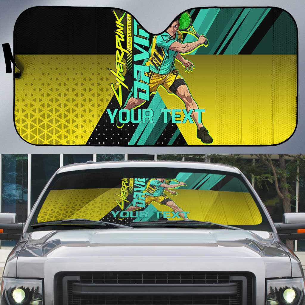 Personalized David Tennis Design Auto Sun Shade with a Cyberpunk Theme, Edgerunners Features Neon Green and Yellow Styling and a Powerful Pose