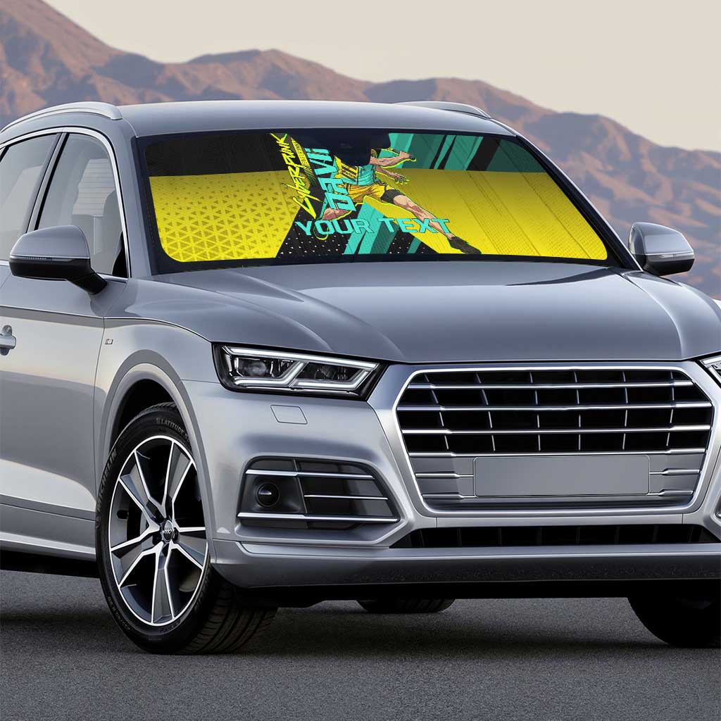 Personalized David Tennis Design Auto Sun Shade with a Cyberpunk Theme, Edgerunners Features Neon Green and Yellow Styling and a Powerful Pose
