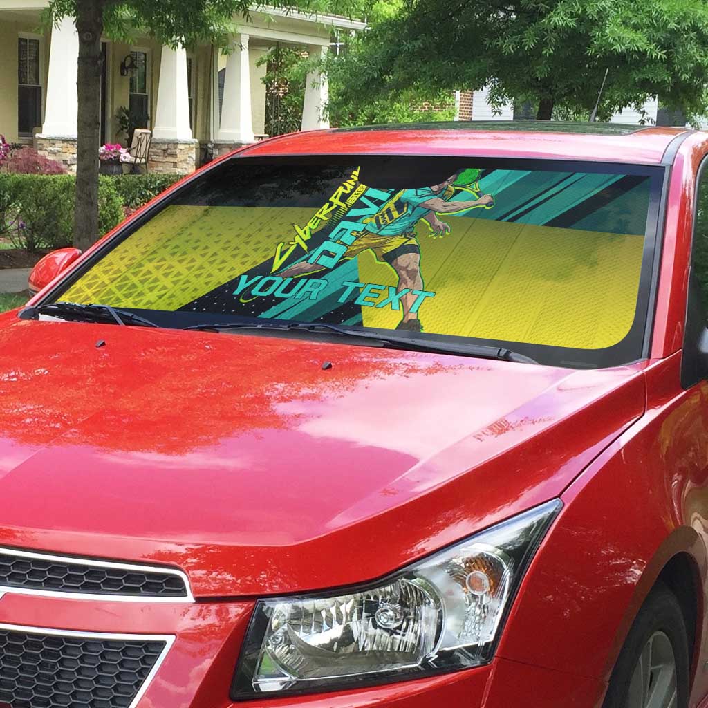 Personalized David Tennis Design Auto Sun Shade with a Cyberpunk Theme, Edgerunners Features Neon Green and Yellow Styling and a Powerful Pose