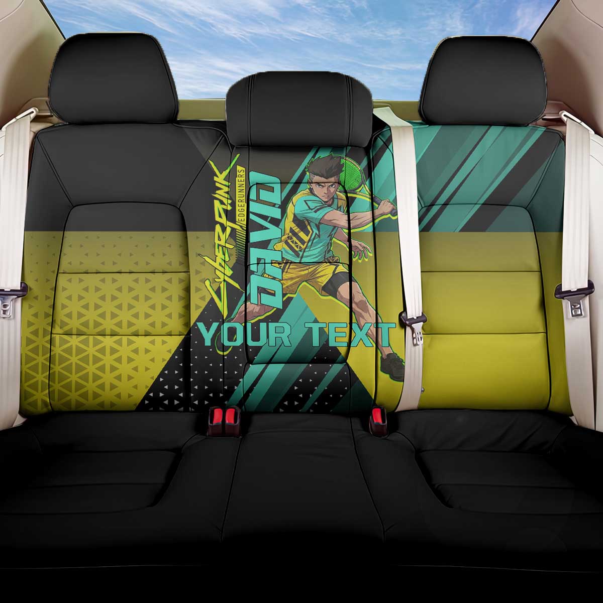 Personalized David Tennis Design Back Car Seat Cover with a Cyberpunk Theme, Edgerunners Features Neon Green and Yellow Styling and a Powerful Pose