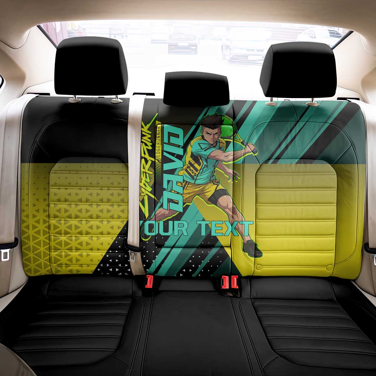 Personalized David Tennis Design Back Car Seat Cover with a Cyberpunk Theme, Edgerunners Features Neon Green and Yellow Styling and a Powerful Pose