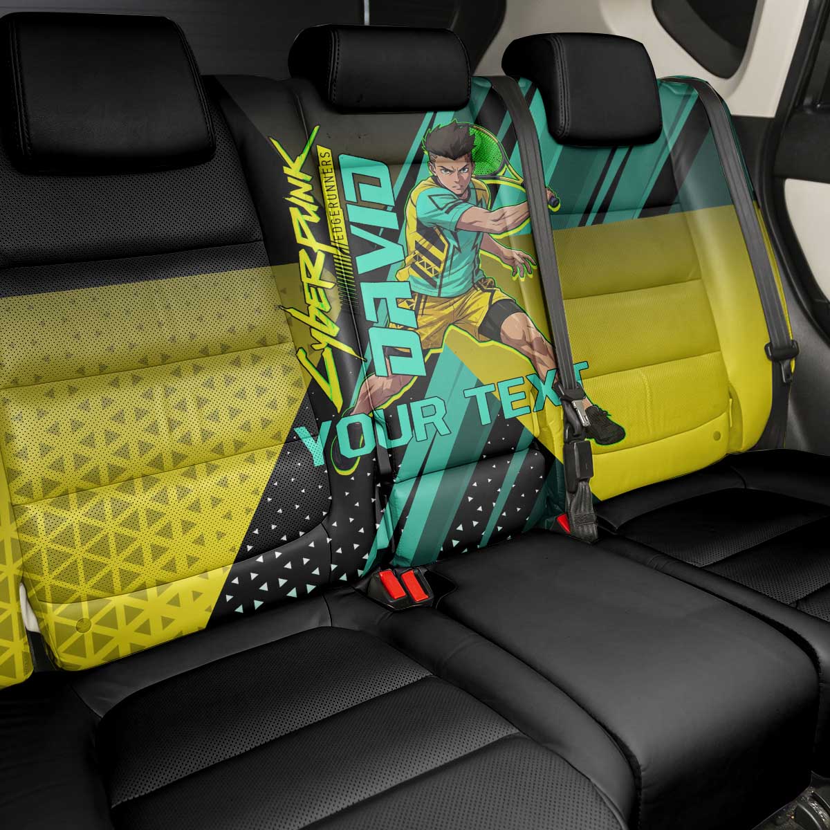 Personalized David Tennis Design Back Car Seat Cover with a Cyberpunk Theme, Edgerunners Features Neon Green and Yellow Styling and a Powerful Pose
