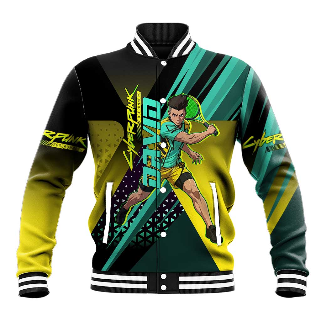 Personalized David Tennis Design Baseball Jacket with a Cyberpunk Theme, Edgerunners Features Neon Green and Yellow Styling and a Powerful Pose