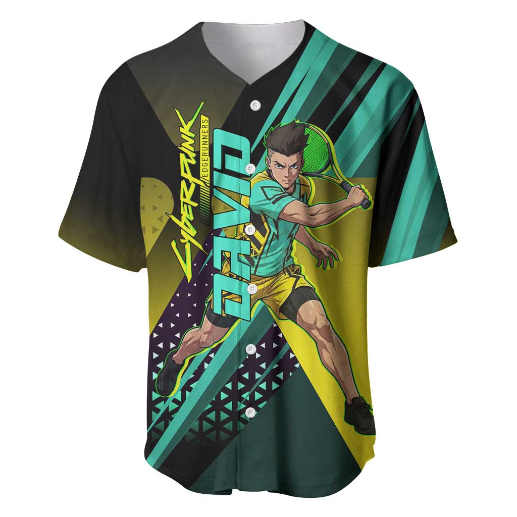 Personalized David Tennis Design Baseball Jersey with a Cyberpunk Theme, Edgerunners Features Neon Green and Yellow Styling and a Powerful Pose