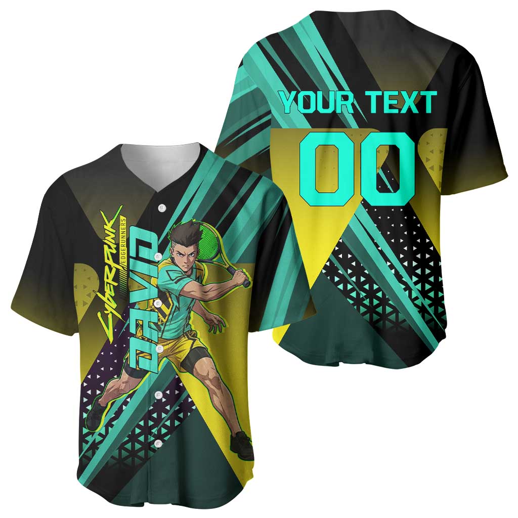 Personalized David Tennis Design Baseball Jersey with a Cyberpunk Theme, Edgerunners Features Neon Green and Yellow Styling and a Powerful Pose