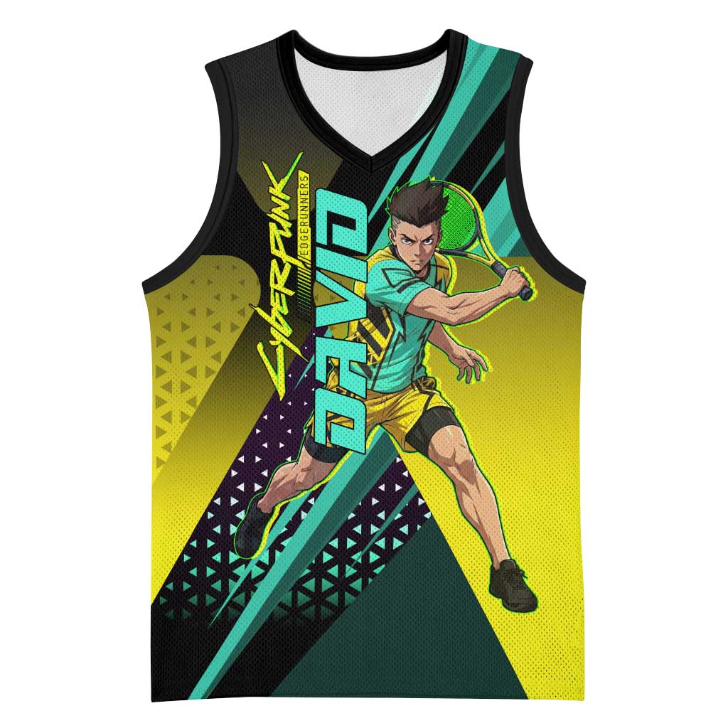 Personalized David Tennis Design Basketball Jersey with a Cyberpunk Theme, Edgerunners Features Neon Green and Yellow Styling and a Powerful Pose